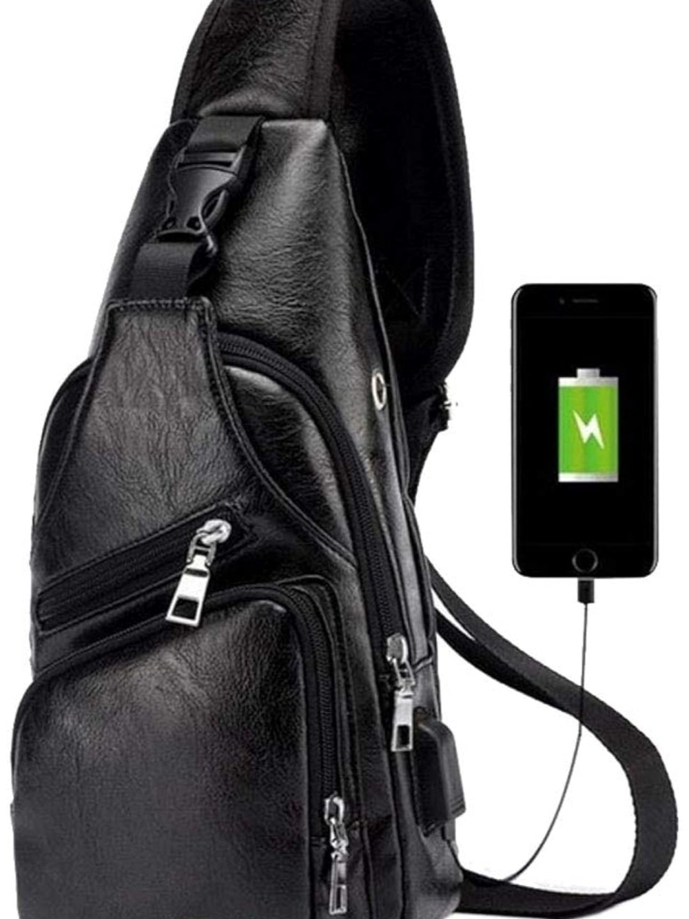 Black Leather Sling Crossbody Bag with USB Charging Port